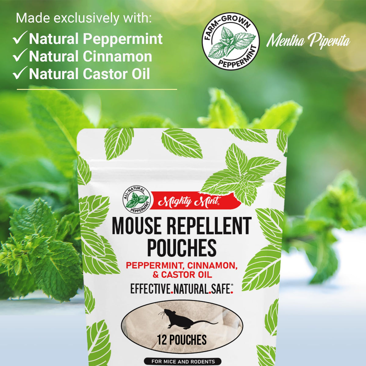 Mighty Mint pouches close-up with peppermint oil highlighting natural deterrence
