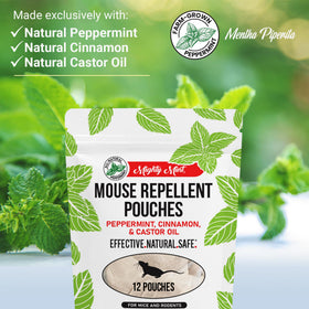 Mighty Mint pouches close-up with peppermint oil highlighting natural deterrence