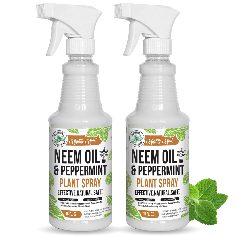 Mighty Mint neem-oil-peppermint spray bottle ready to nourish indoor plants