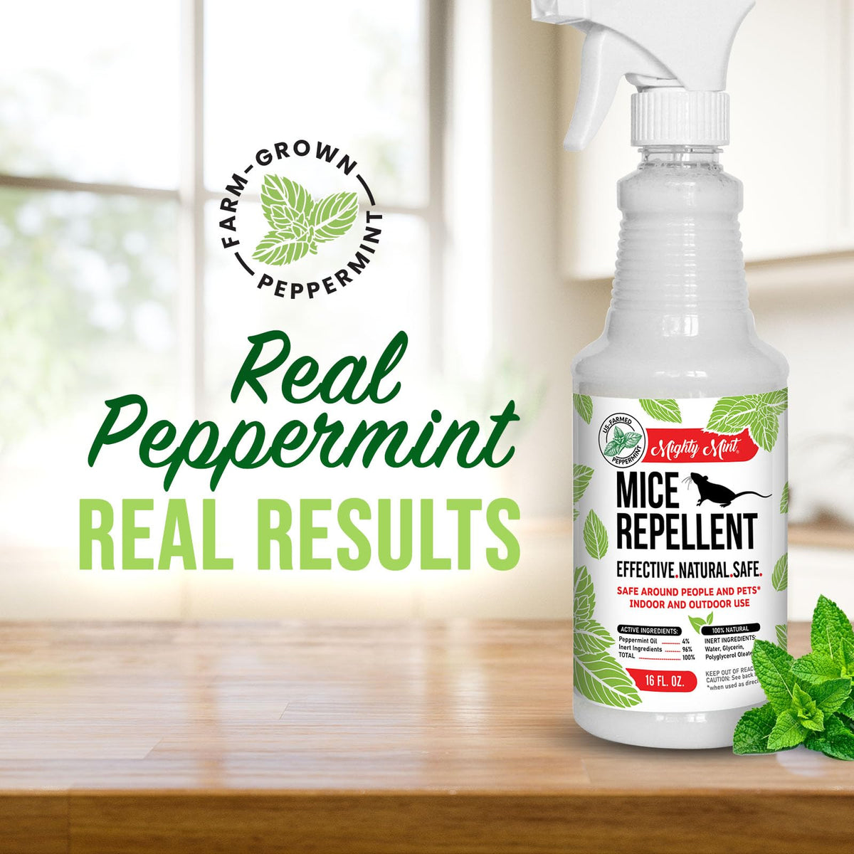 Mighty Mint bottle shown near baseboards for rodent deterrence