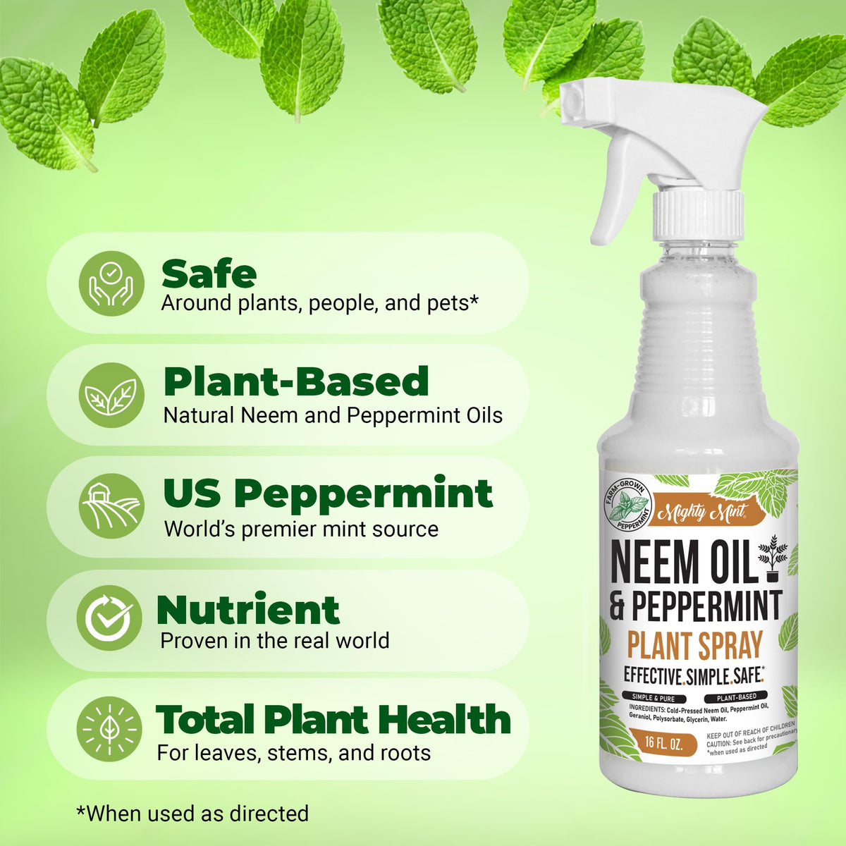 Mighty Mint peppermint oil spray bottle highlighting refreshing scent and plant care.