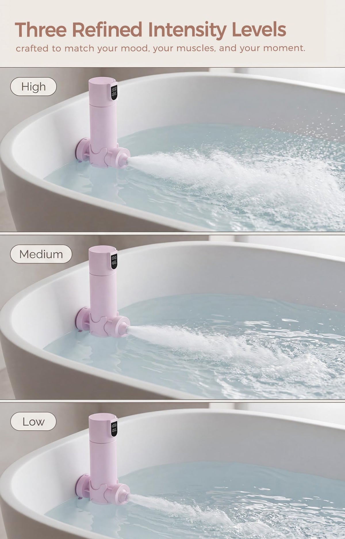 MightyKitten Bath Jets LED display shows temperature and battery at a glance