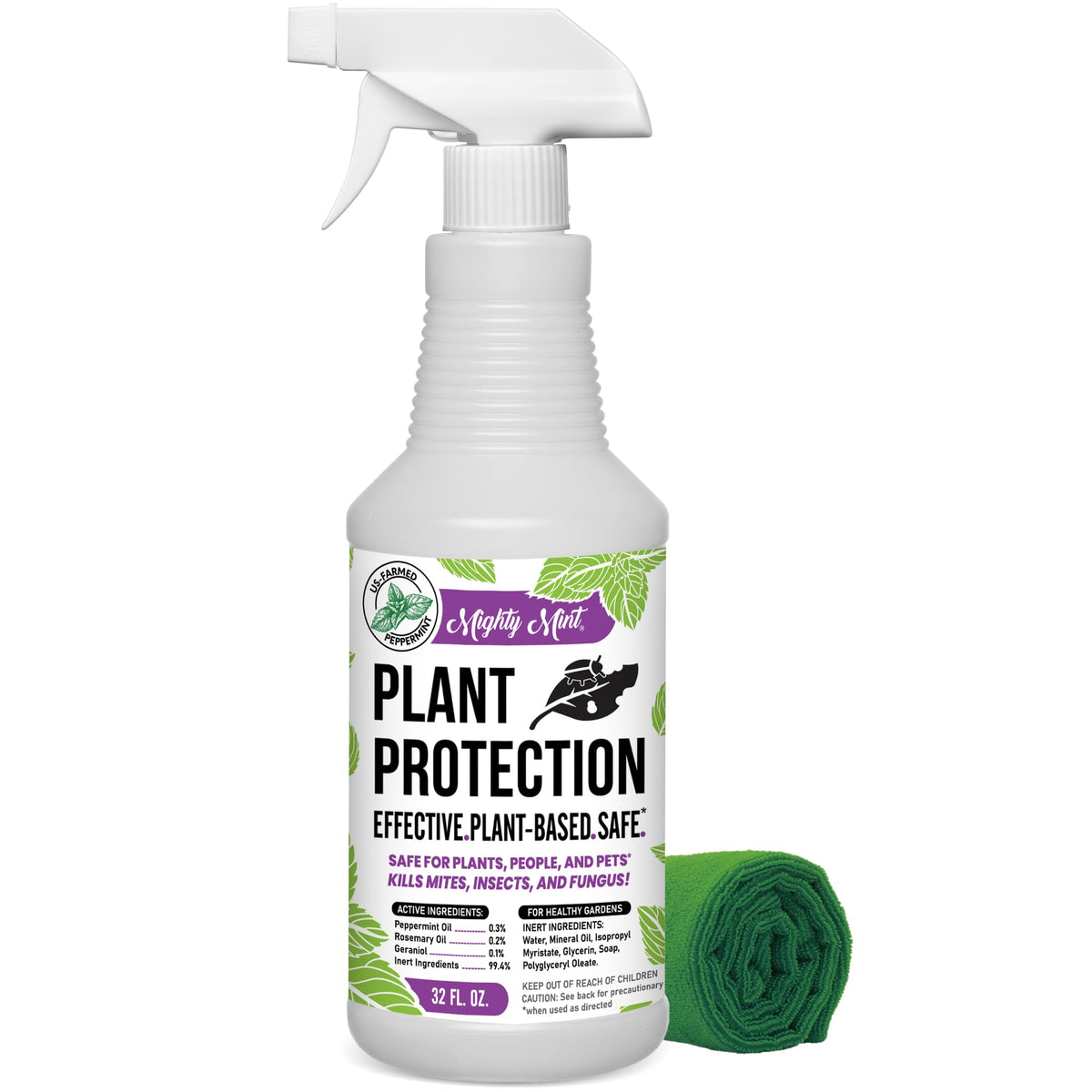 Mighty Mint peppermint oil spray bottle for pest deterrence on indoor plants.