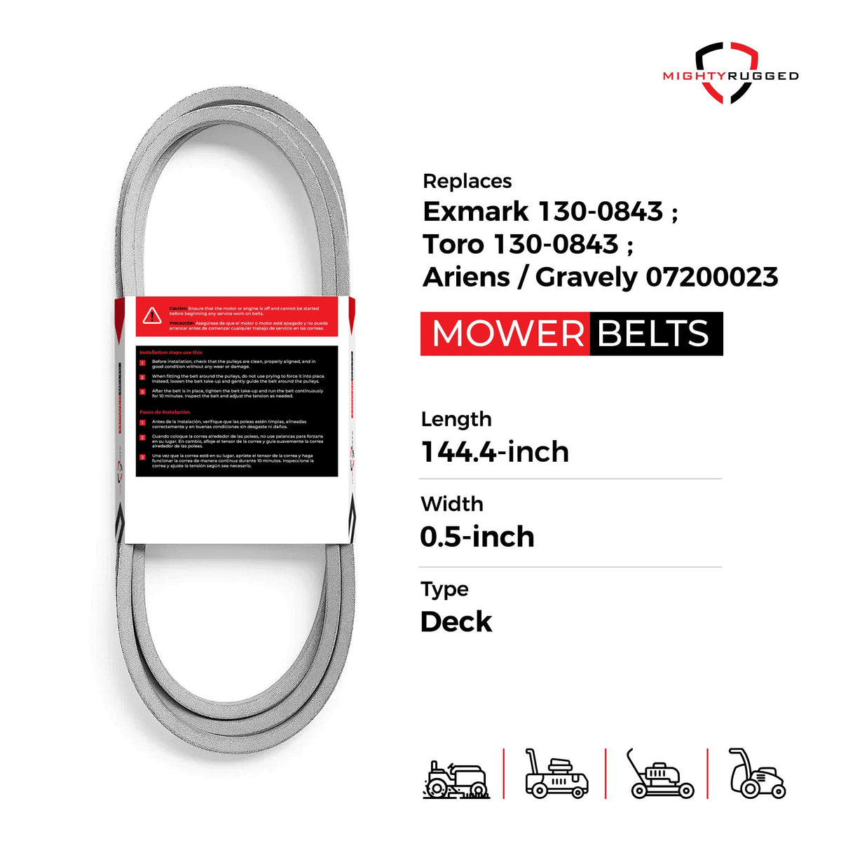 MightyRugged belt length 144.4 inches for Toro and Exmark compatibility on 54-inch decks.