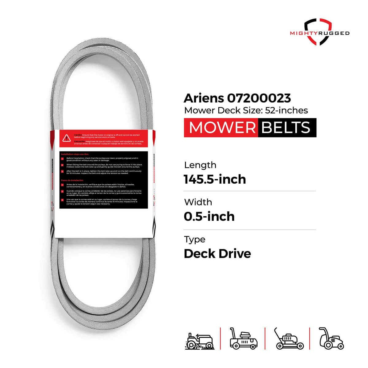 MightyRugged Ariens belt close-up shows aramid cord strength for longer life