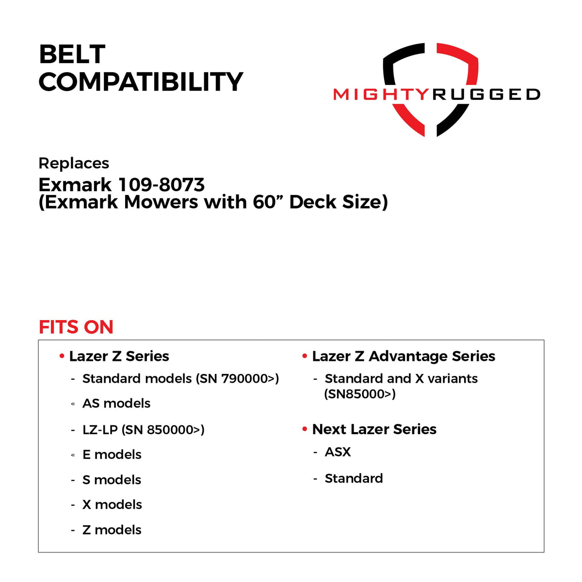 MightyRugged belt-length 198-98 measurement demonstrates precise fit for Exmark 60-inch decks.