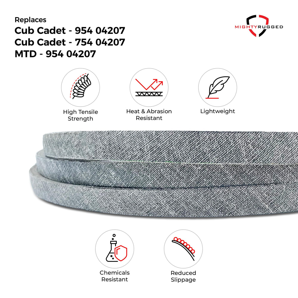 MightyRugged belt packaging emphasizing quality and warranty.