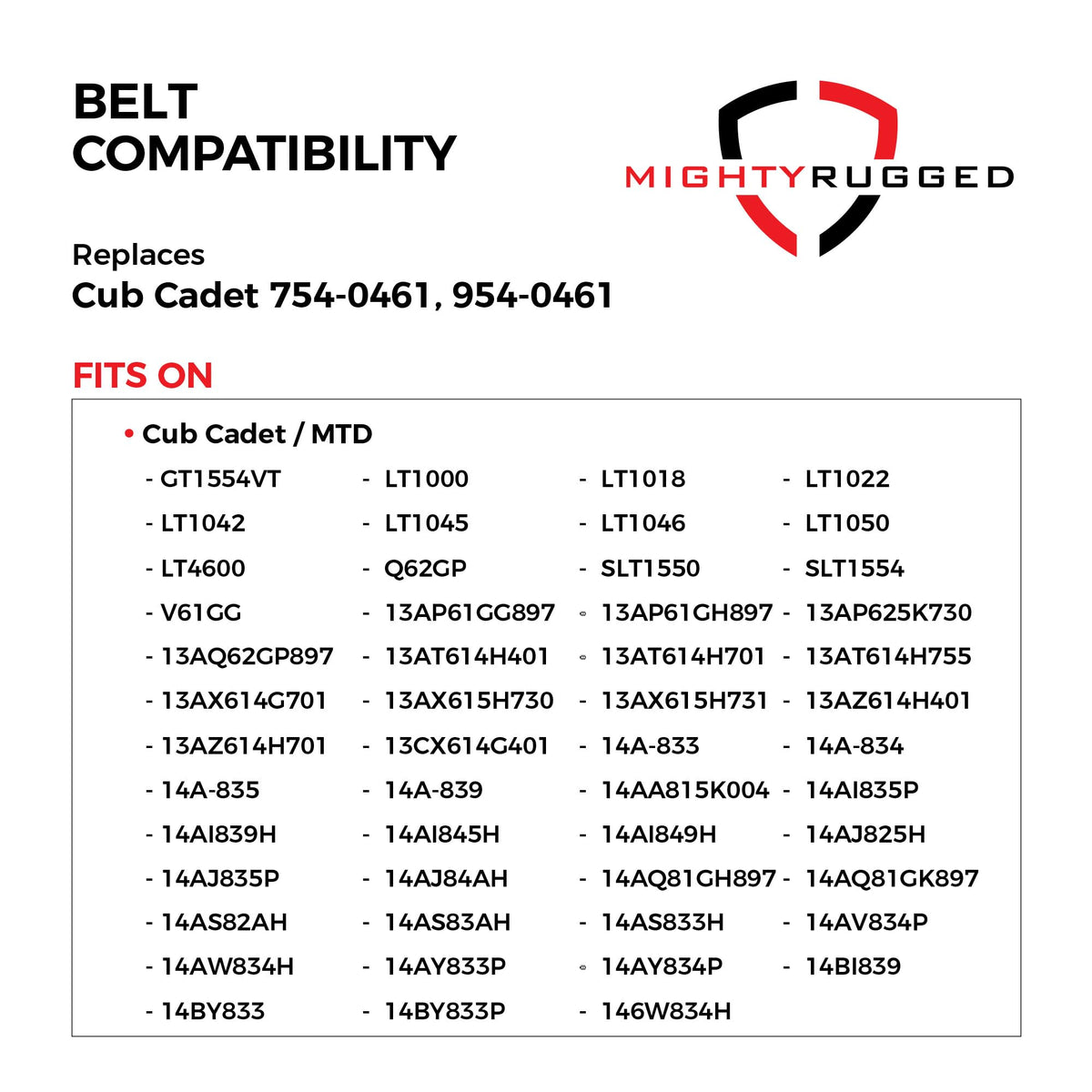 MightyRugged replacement belt 954-0461 shown with multiple compatible models highlights versatility.