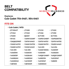 MightyRugged replacement belt 954-0461 shown with multiple compatible models highlights versatility.