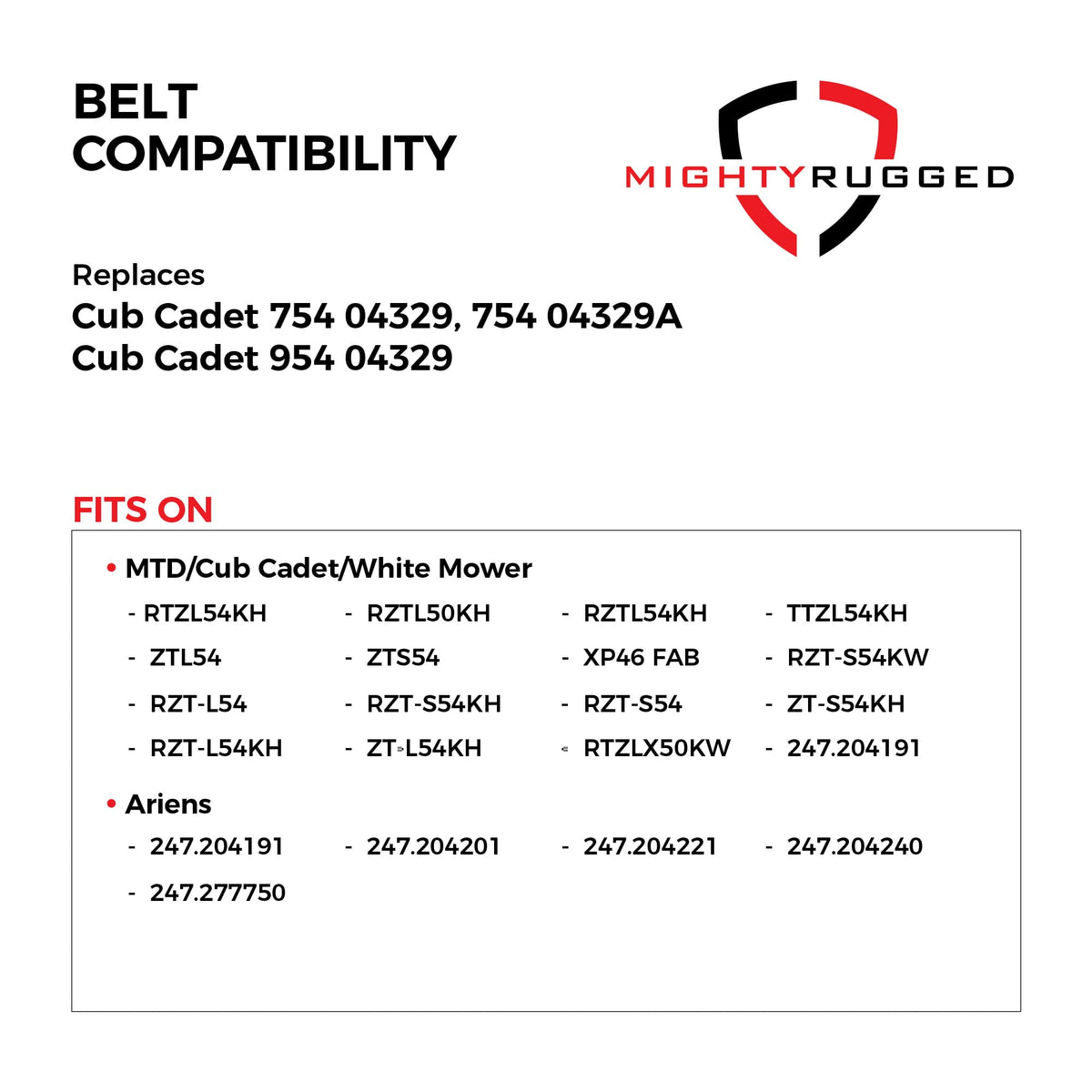 MightyRugged Cub Cadet ZT1 fitment image shows broad compatibility for 54-inch decks.