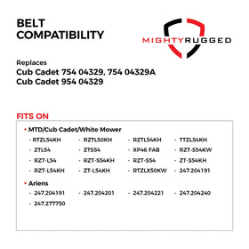 MightyRugged Cub Cadet ZT1 fitment image shows broad compatibility for 54-inch decks.