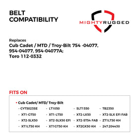 134-inch MightyRugged deck belt length supports heavy-duty riding mowers.