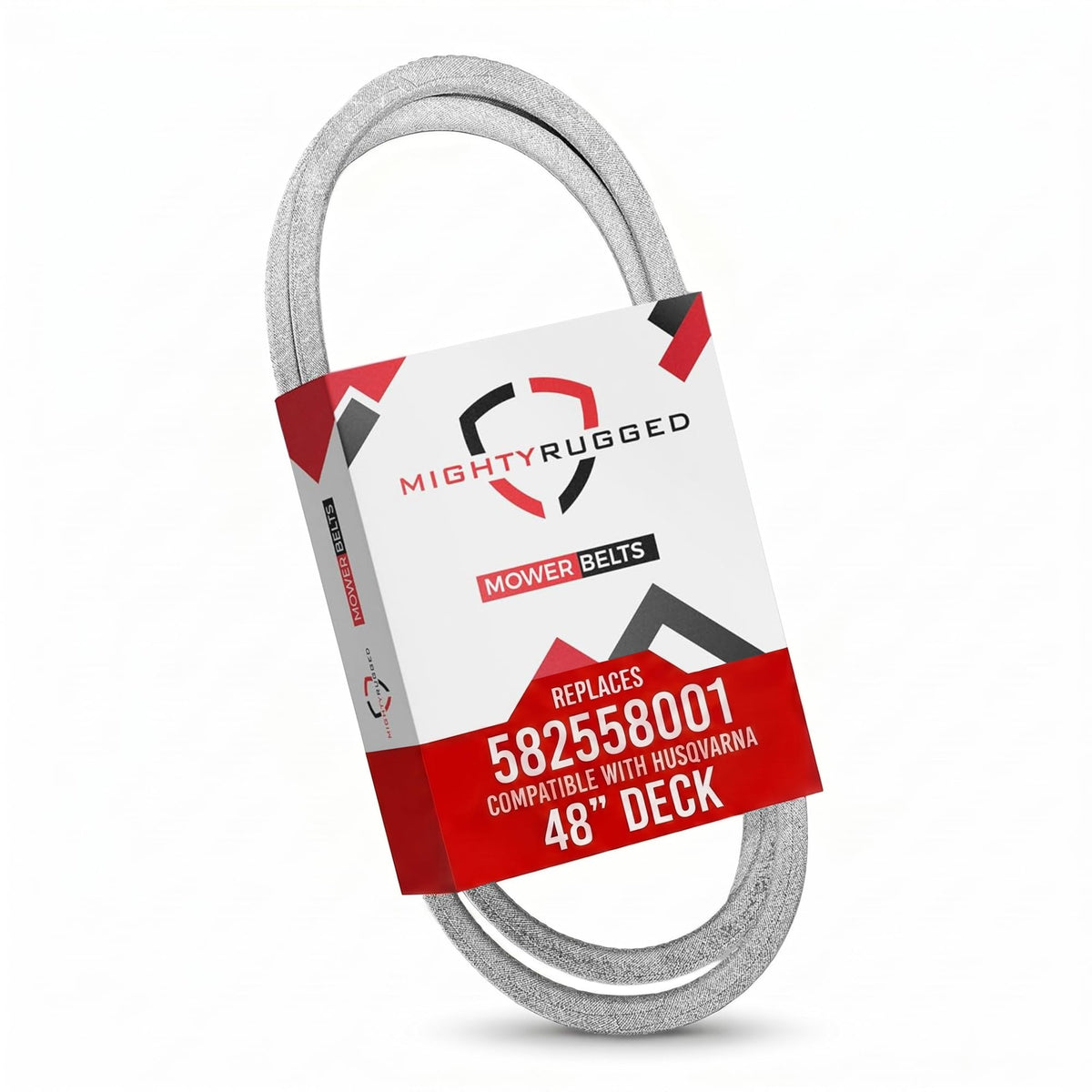 MightyRugged Husqvarna 582558001 deck belt packaging shows durability and easy installation.