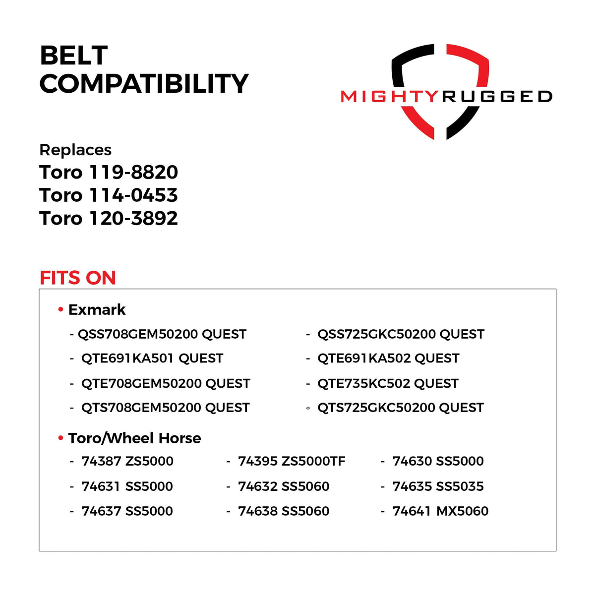 MightyRugged Toro belt fitment diagram showing model compatibility.