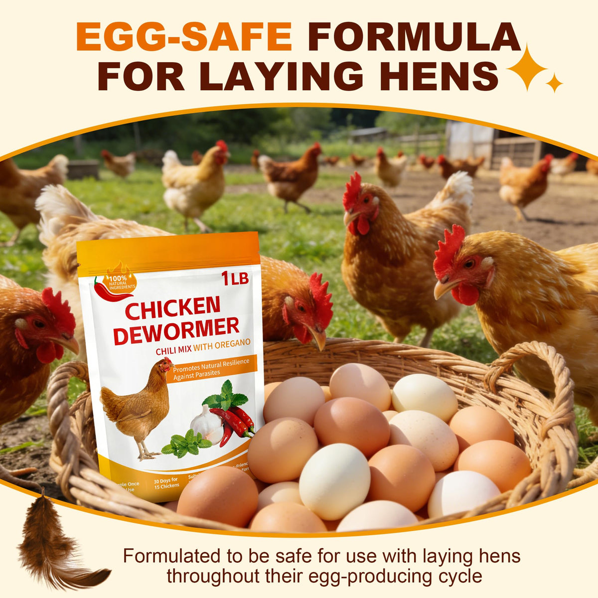Miguelina chili powder blend sprinkled on feed to support digestive comfort in chickens.