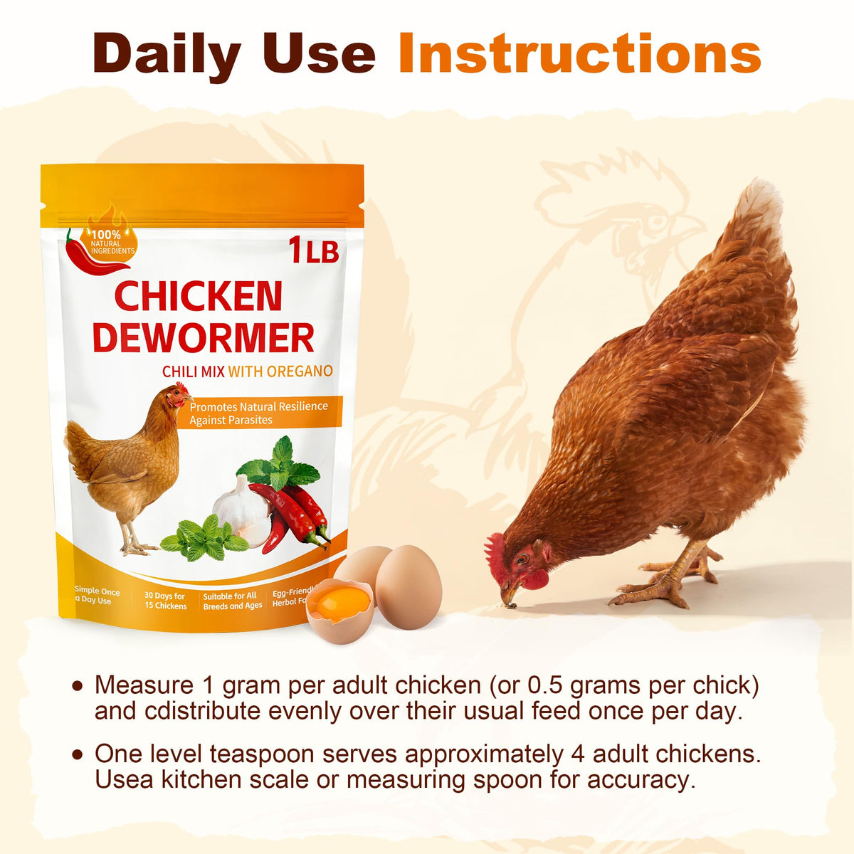 Miguelina herbal blend sprinkled over feed for simple daily poultry care.