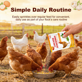Miguelina herbal poultry care blend sprinkled over feed for daily use, easing routine.
