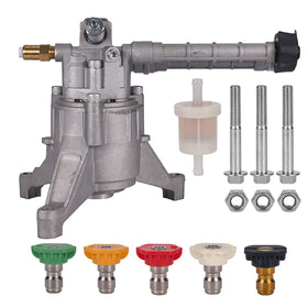 Mikatesi pump front view shows sturdy vertical design for power washing.