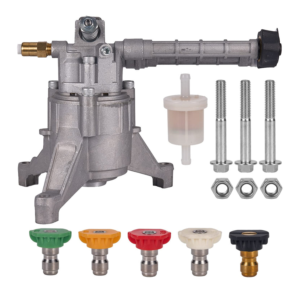 Mikatesi pump front view shows sturdy vertical design for power washing.
