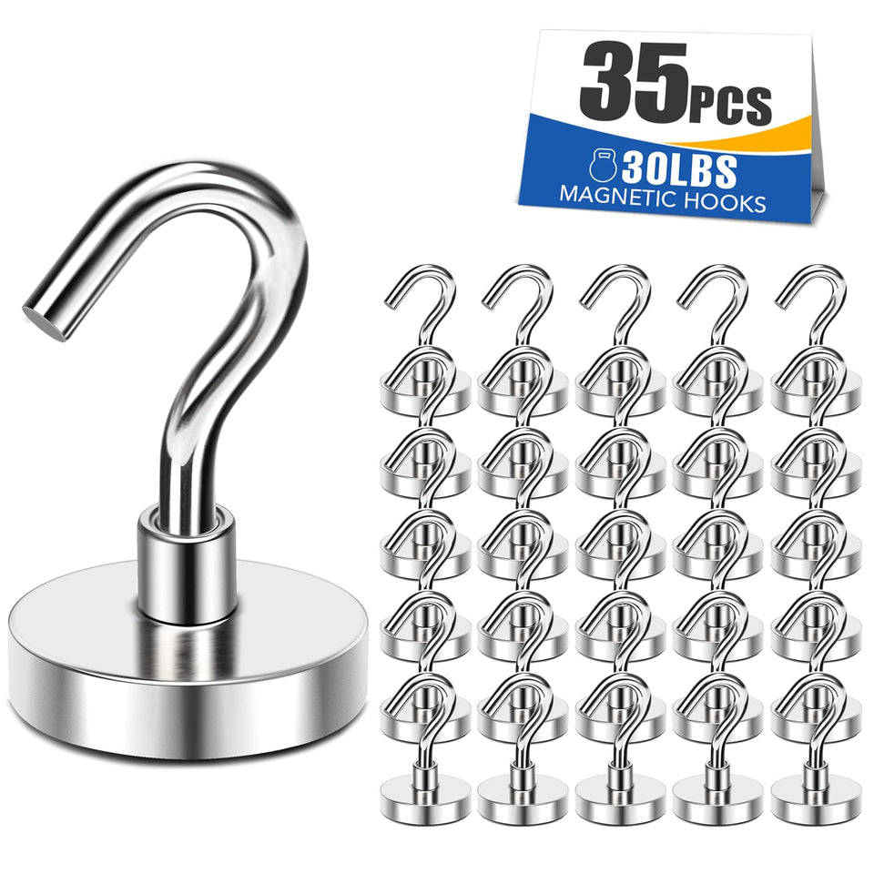 MIKEDE black magnetic hook on fridge showing a strong 30 lb hold for kitchen organization