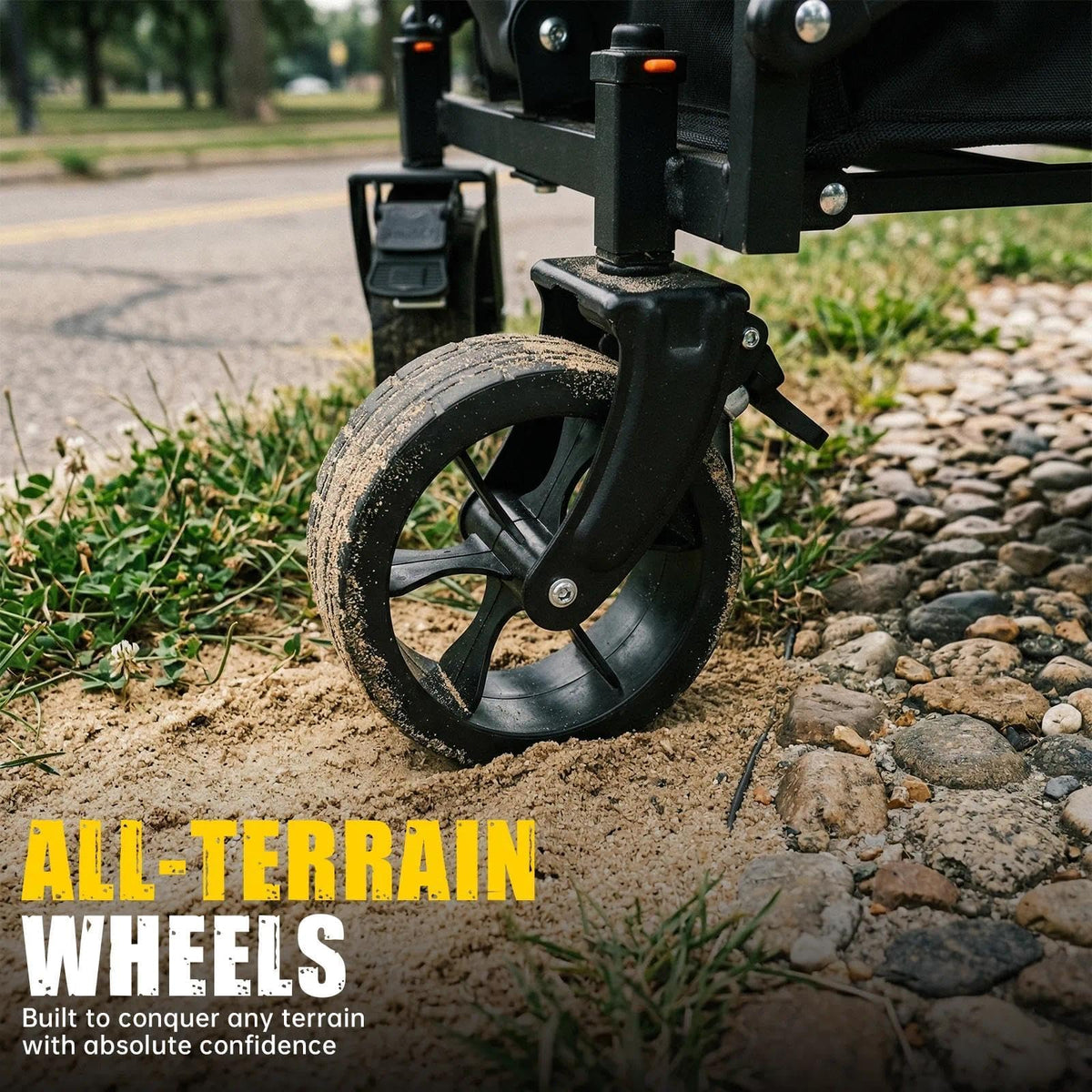 MIKKUPPA extra-wide tires improve stability on sand and grass.