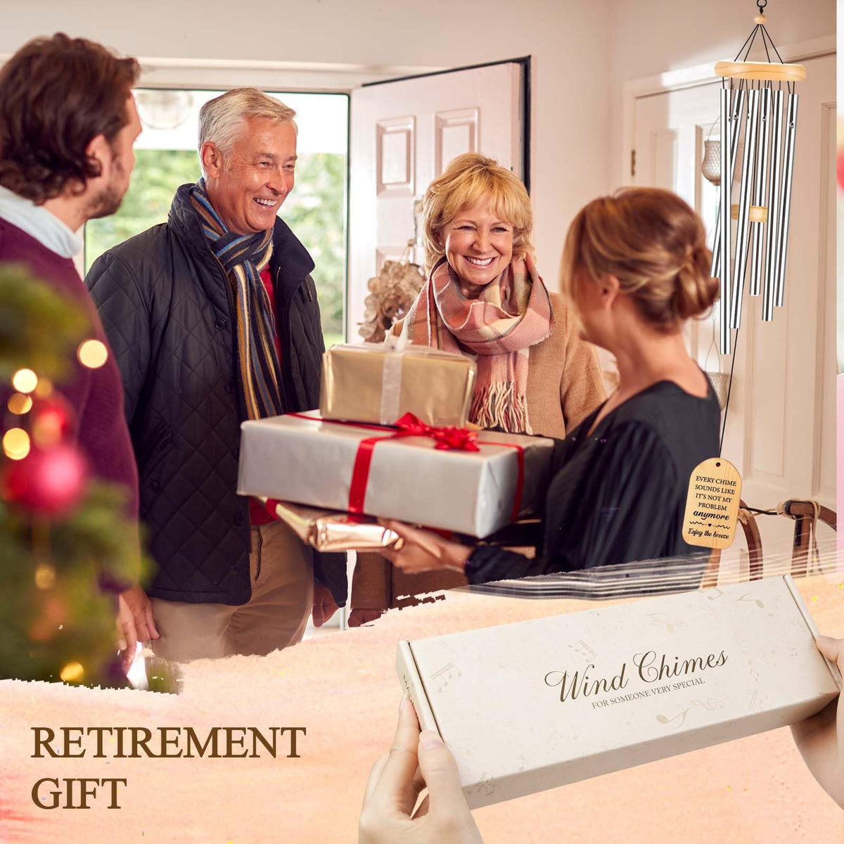Gift-ready Milcier retirement wind chime beside a festive card