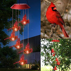 Milcraft Solar Cardinal Red Bird Wind Chime in garden with color-changing LEDs