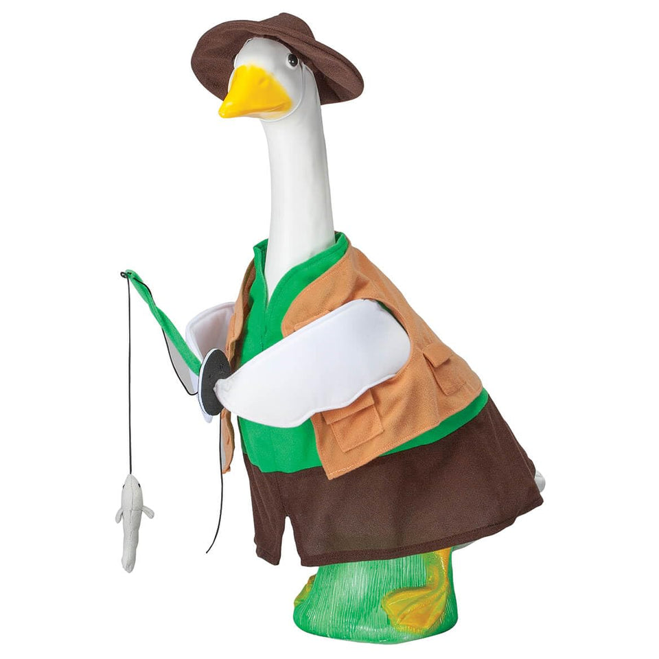Miles Kimball Gaggleville fishing goose outfit with layered look, ideal for porch display.