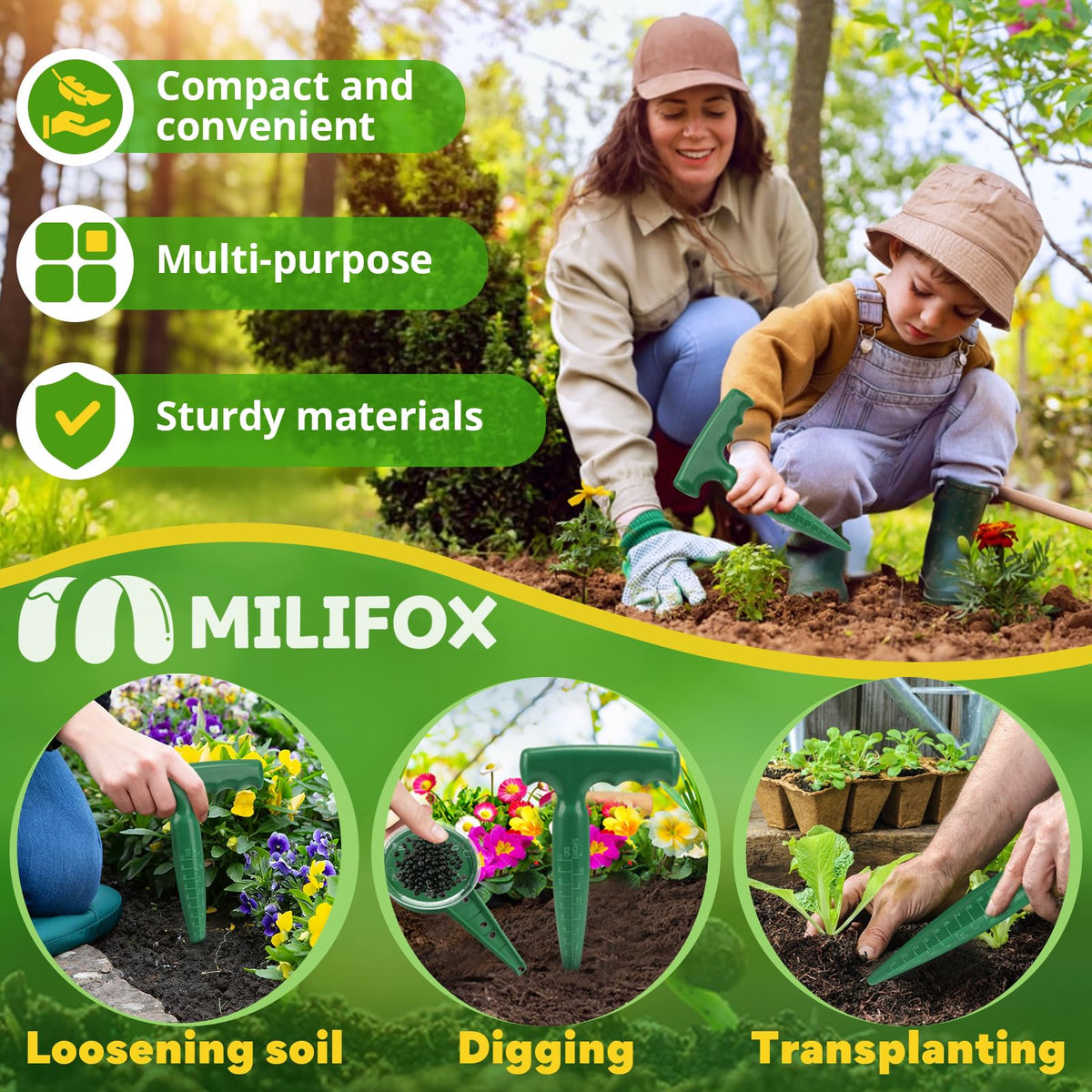 Compact lightweight dibber ideal for quick holes and transplanting.