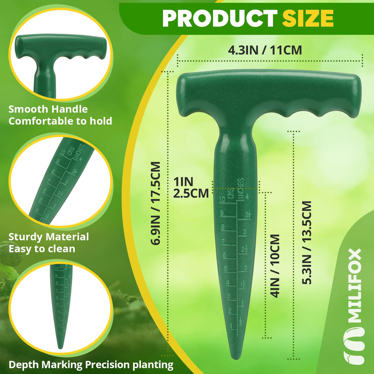 Dibber garden tool shows 6-9 inch length for accurate depth.