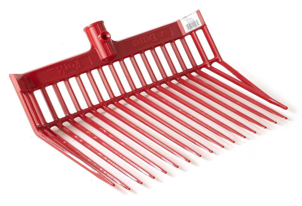 Miller DURA fork head in red with angled tines for easier manure pickup on the farm.