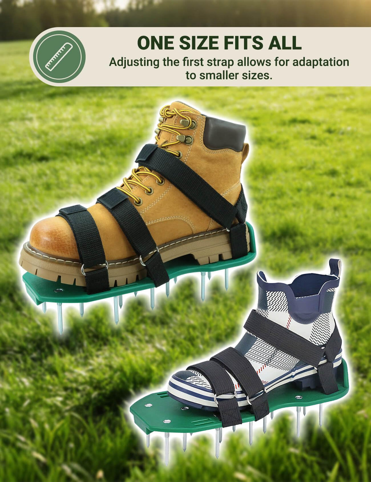 MILLUXXi lawn aerator shoes anti-slip pads ensure safety on wet grass.