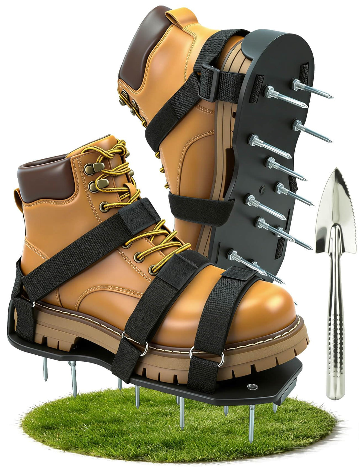MILLUXXi lawn aerator shoes dual strap ensures secure fit for precise lawn aeration.
