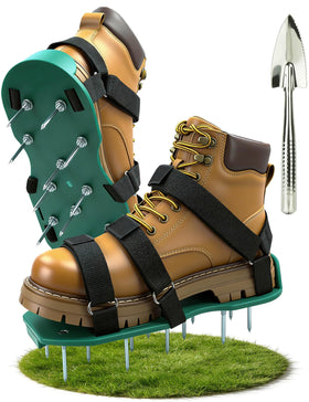MILLUXXi lawn aerator shoes front view highlights sturdy spikes for deeper aeration.