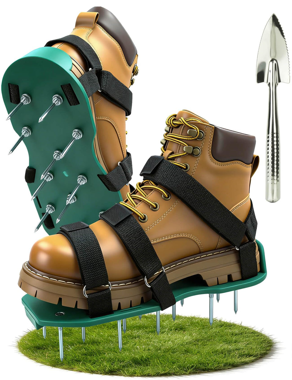 MILLUXXi lawn aerator shoes front view highlights sturdy spikes for deeper aeration.
