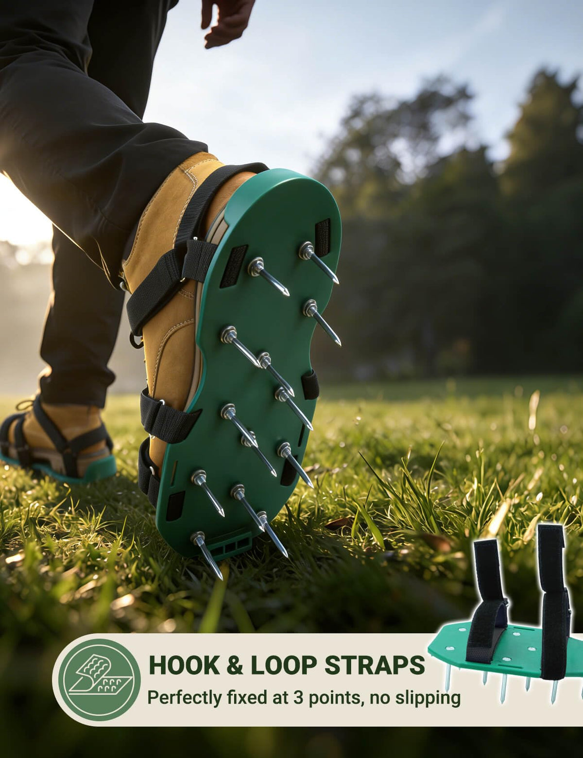 MILLUXXi lawn aerator shoes side view illustrates secure dual straps for stable walking.