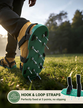 MILLUXXi lawn aerator shoes side view illustrates secure dual straps for stable walking.