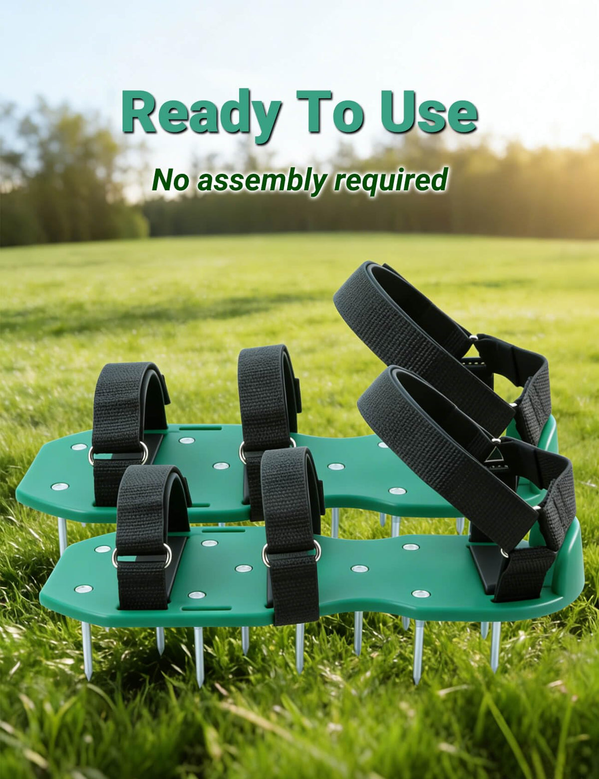 MILLUXXi lawn aerator shoes straps detail emphasizes easy on-and-off and precise alignment.