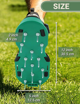 MILLUXXi lawn aerator shoes walking on grass demonstrate hands-free yard aeration.