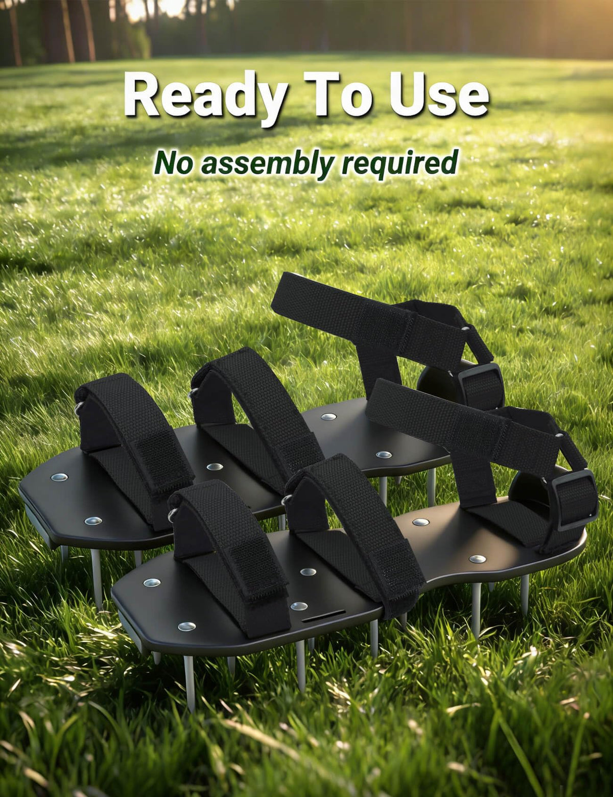MILLUXXi secure-fit on sneakers makes quick, hands-free lawn aeration possible.