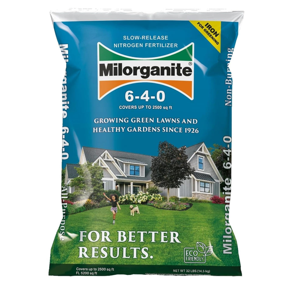 Milorganite 32lb bag for steady, slow-release feeding of a lush lawn.