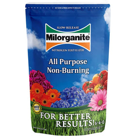 Milorganite fertilizer bottle applying a safe, even feed for lawns.