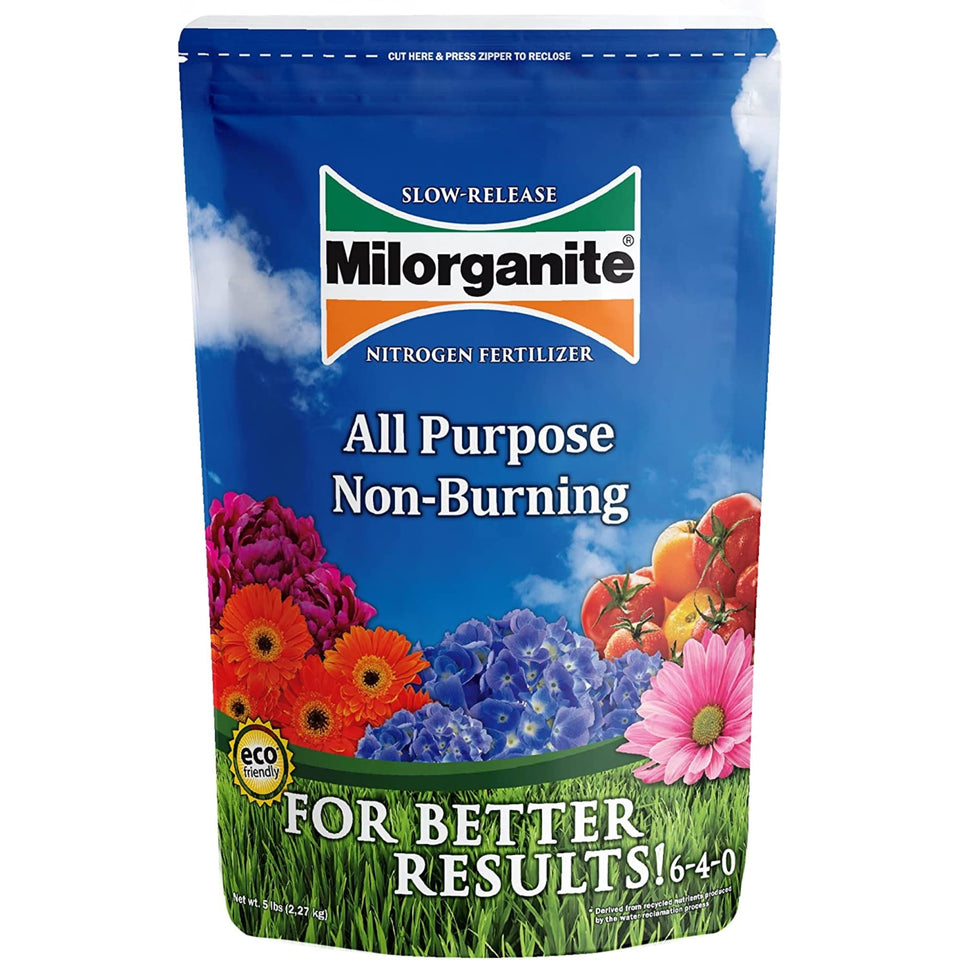 Milorganite fertilizer bottle applying a safe, even feed for lawns.