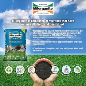 Milorganite lawn-green-up for deep green color and iron-rich nourishment.