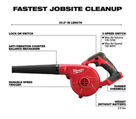 Milwaukee 0884-20 M18 cordless blower with quick grip for easier cleanup.