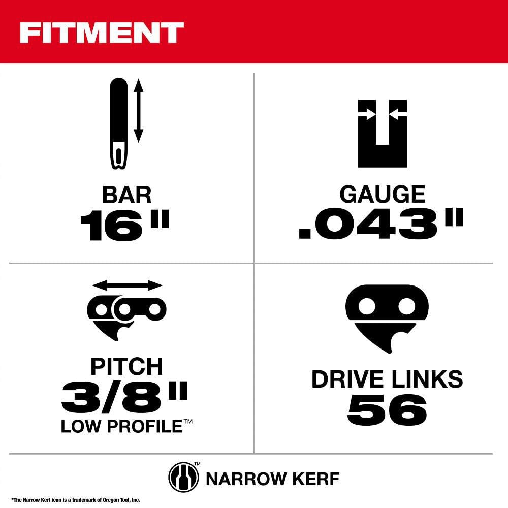 Milwaukee 56-link replacement chain emphasizing long life and performance.
