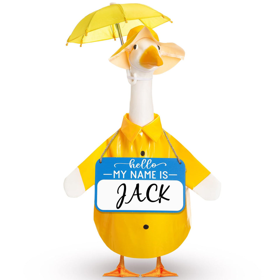 Mindsoft goose raincoat outfit on a 23-inch lawn goose for spring style.