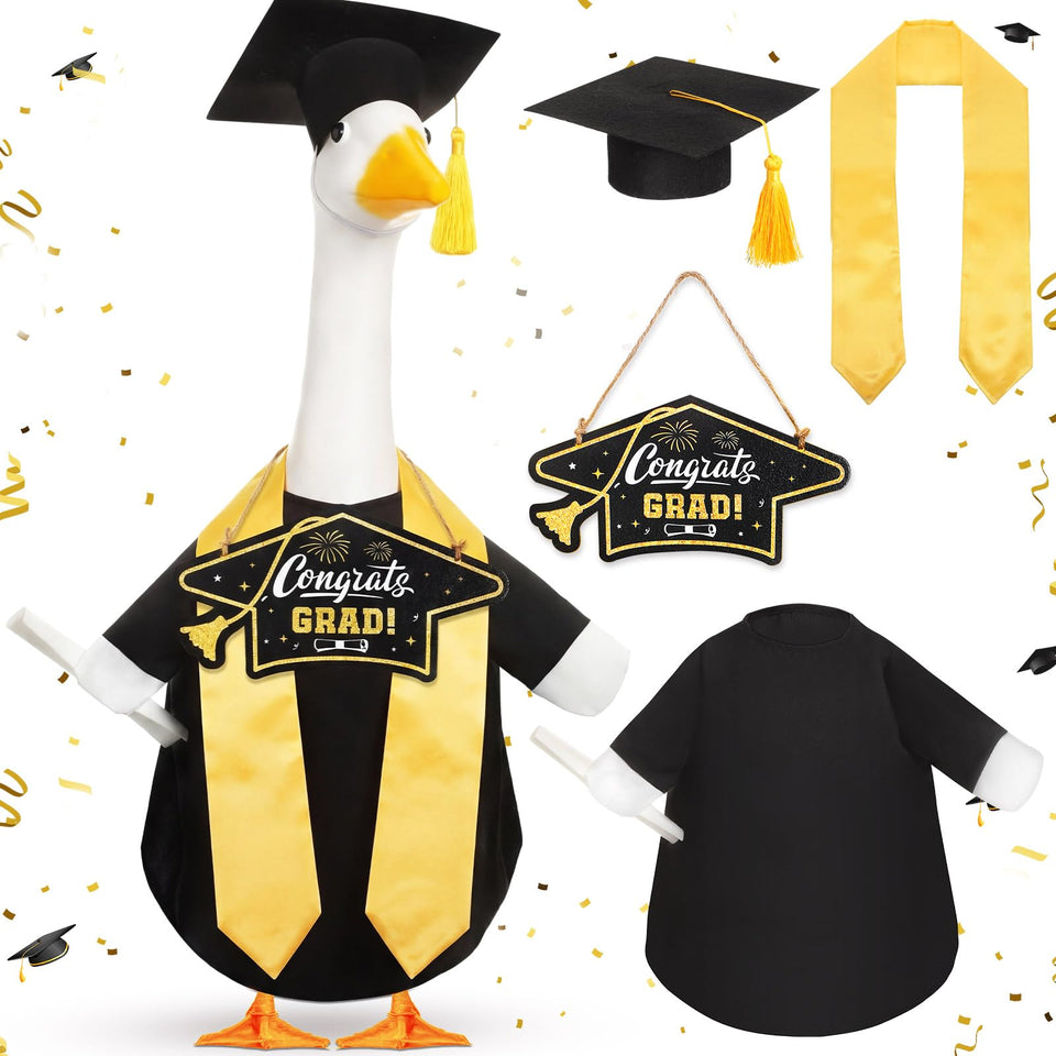 Mindsoft graduation goose outfit cap tassel on 23-inch goose for a festive lawn.