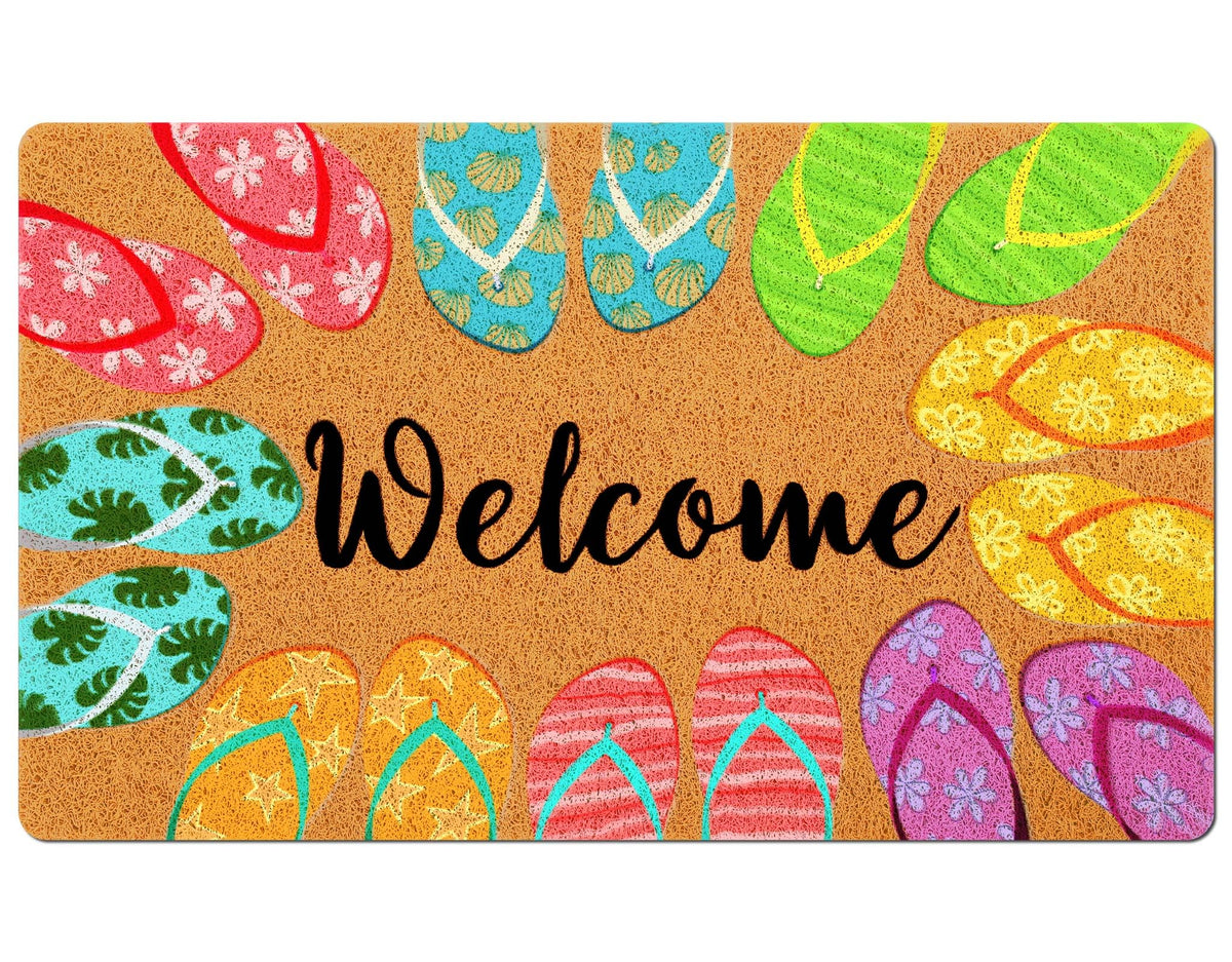 Mindsoft summer doormat with flip-flops pattern welcomes guests at the front door