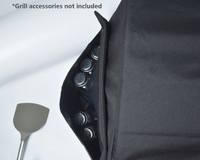 Mini Lustrous built-in grill cover with elastic strap providing a secure fit on windy days.